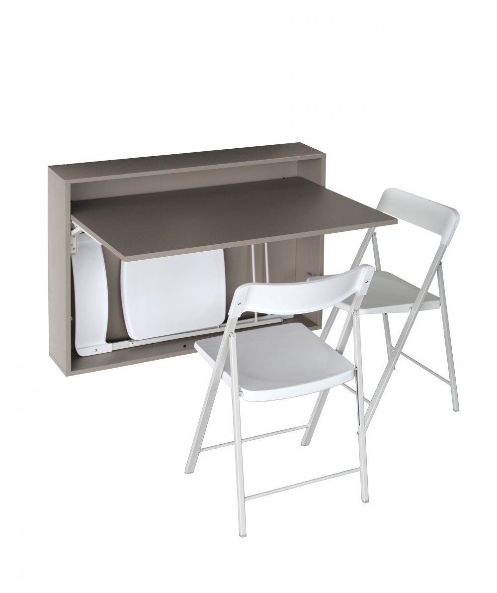 bureau/table extensible mural gris taupe avec 3 chaises intégrées blanche